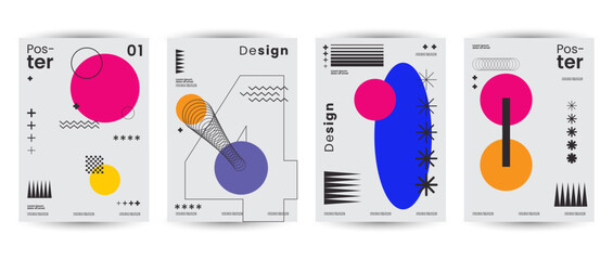 Modern Abstract Geometric Poster Design Set &ndash; Modern Memphis Style with Colorful Bauhaus-Inspired Vector Layouts