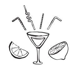 Hand drawn line illustration of fresh lemon cocktail.