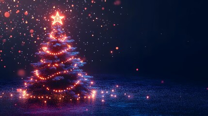 Glowing Christmas Tree with Shimmering Lights Surrounded by Falling Snow in Enchanting Winter Scene