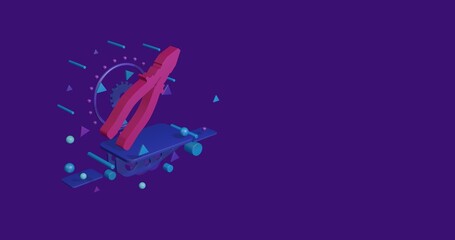 Pink pliers symbol on a pedestal of abstract geometric shapes floating in the air. Abstract concept art with flying shapes on the left. 3d illustration on deep purple background