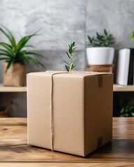 A sprout of Hope: A sprout emerges from a gift box, a metaphor for the growth, renewal, sustainability, and the potential for transformation, on a wood table