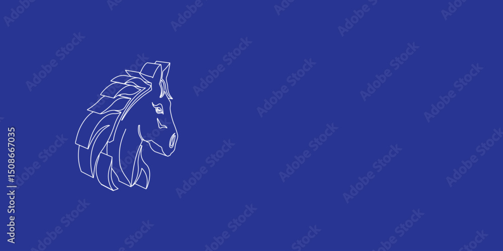 Aufkleber the outline of a large horse's head symbol made of white lines on the left. 3d view of the object in