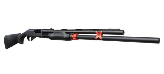 Angled view of black tactical shotgun with red competition accessories on white back