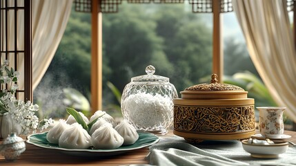 Elegant Antique Tableware Display in a Traditional Dining Room with Ornate Decor