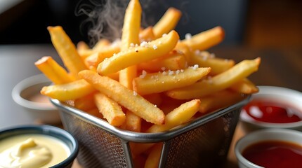 A basket of french fries with a variety of condiments including ketchup, mustard, and mayonnaise. 