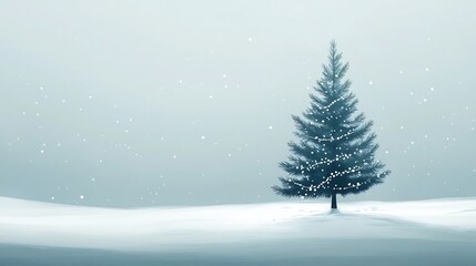 Serene Snowy Landscape with Solitary Pine Tree in Peaceful Winter Scene