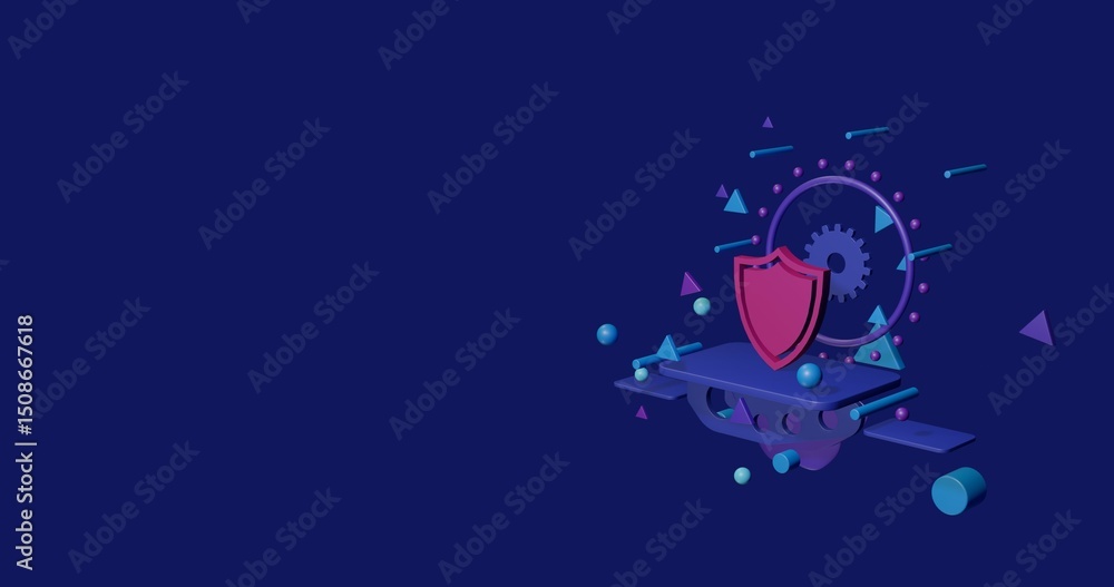 Aufkleber pink shield symbol on a pedestal of abstract geometric shapes floating in the air. abstract concept 