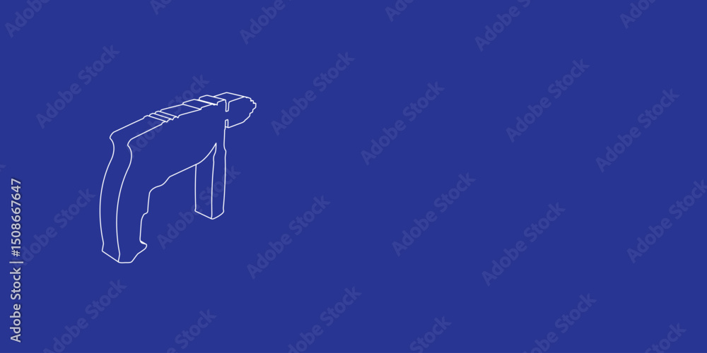 Poster the outline of a large drill symbol made of white lines on the left. 3d view of the object in perspe