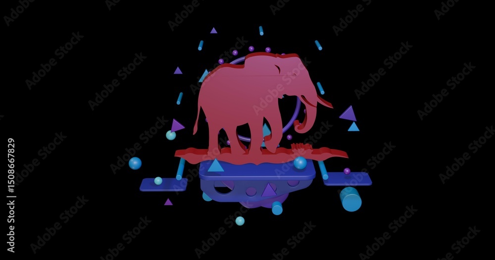 Poster red wild elephant symbol on a pedestal of abstract geometric shapes floating in the air. abstract co