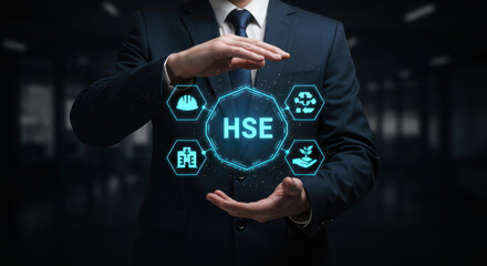 HSE Concept: Businessman in suit presenting health, safety, and environment hexagon, symbolizing protection and responsibility.