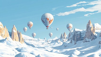 Enchanting Winter Wonderland with Hot Air Balloons Soaring Over Majestic Snowy Mountains