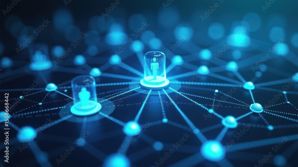 Poster a 3d networking with interconnected dots forming a web, glowing blue nodes, symbolizing professional