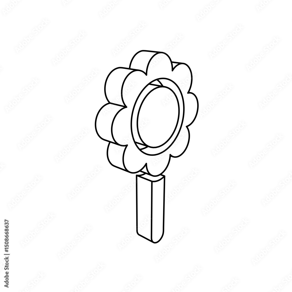 Poster the outline of a large chamomile symbol is made with black lines. 3d view of the object in perspecti