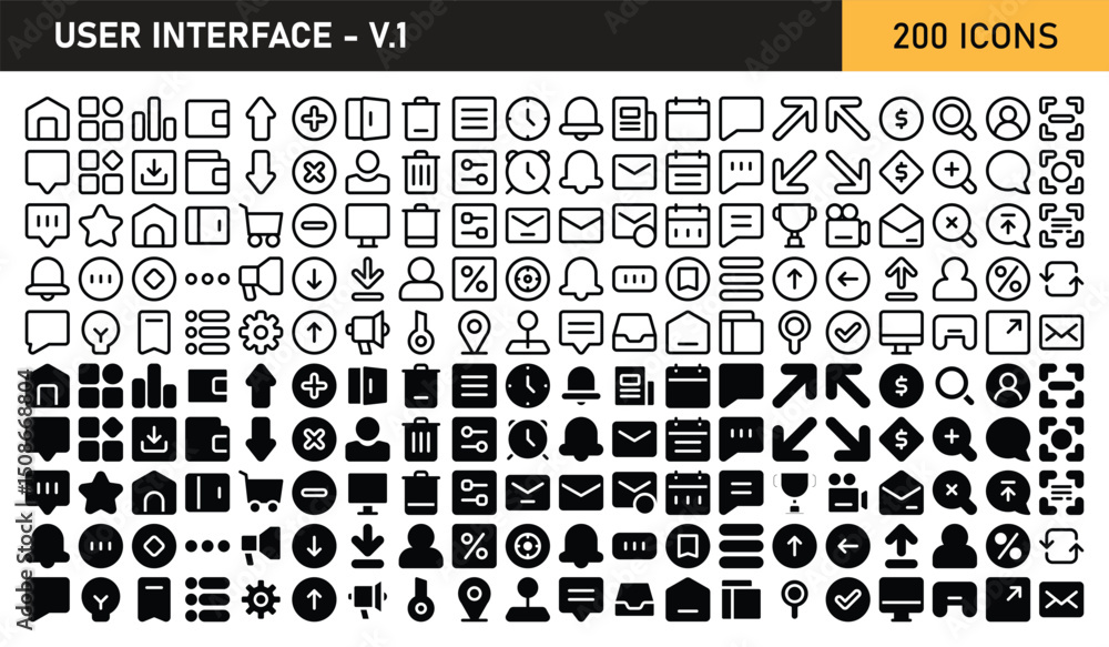 Poster user interface 200 icon bundle set outline and glyph style