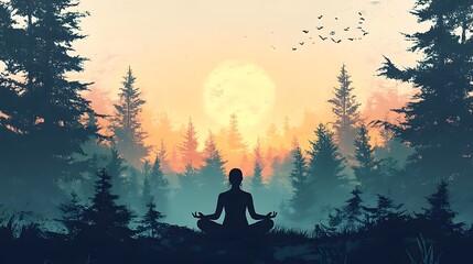 Silhouetted Figure Meditating in Serene Forest Landscape at Sunset