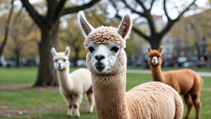 Obraz premium Alpaca in park with other llamas in the background