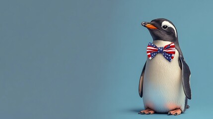 Patriotic Penguin in Formal Outfit Posing with American Flag Bow Tie