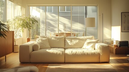 Cozy and Bright Living Room with Comfortable Sofa and Natural Decor Elements