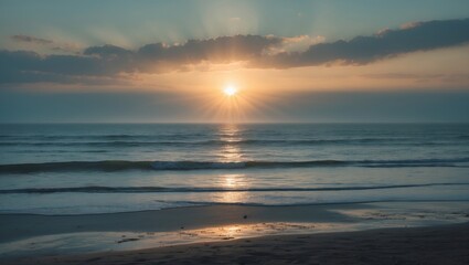 Obraz premium Sunshine Over The Beach With Sea In The Background, Featuring Empty Copy Space For Text