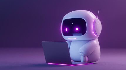 ピンクのライトをつけてノートパソコンに向かう笑顔のロボット