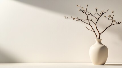 Minimalist Smooth Ceramic Vase with Dry Twig on Light Background
