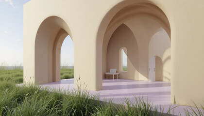 Fototapeta premium serene architectural scene featuring minimalist structure with soft arches and pastel color palette, set against natural landscape with grass and open sky