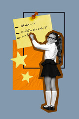 Poster image sketch vertical collage of happy schoolgirl stand sticker algebra formula answer math...