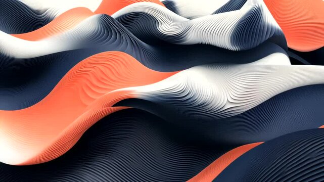 Wavy abstract forms in coral, white and dark blue create layered, flowing shapes with a pattern of dense parallel lines