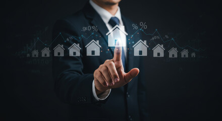 Virtual House Selection: Professional man in suit pointing to digital property amid real estate market growth indicators.