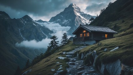 As We Ascend To The Mountain, We Pass The Idyllic Hut with Empty Copy Space For Text