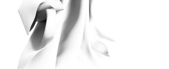 A close-up of a white fabric texture with a flowing drape, creating a minimalist and abstract image.