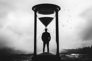 Silhouette of a man standing inside a giant hourglass