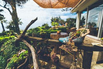 Creative outdoor patio scene with selective focus on a painted ceramic shoe repurposed as a succulent planter, surrounded by rustic wooden furniture and lush greenery under a sunny sky