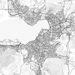 İzmir Area Map with Labels and Neighborhoods - One color, minimalistic design