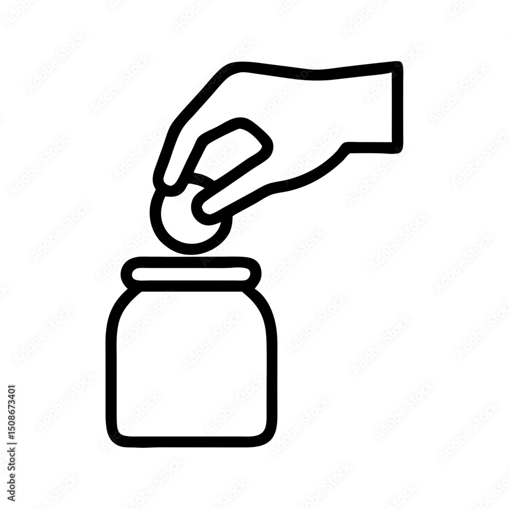 Aufkleber hand placing a coin into a jar in simple linear vector style