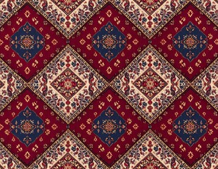 Repeating diamond pattern textile with red, blue, and cream tones