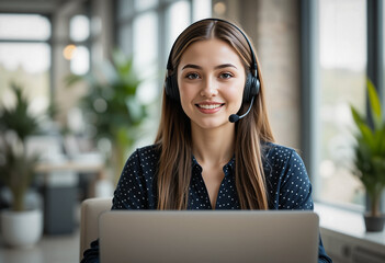 Customer Support Agent Working on Laptop. Professional Customer Service Representative Assisting Clients Online Using Laptop – Remote Support Concept.  Generative AI