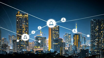 A modern cityscape at night with glowing icons and abstract network lines connecting buildings in a technological communication display - Powered by Adobe