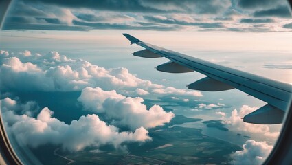 Obraz premium A scenic view of an airplane wing and fluffy clouds over land visible from window