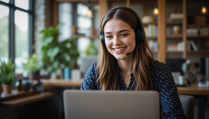 Customer Support Agent Working on Laptop. Professional Customer Service Representative Assisting Clients Online Using Laptop – Remote Support Concept.  Generative AI