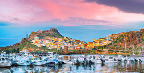 Unbelivable view of Medieval town of Castelsardo. Cityscape of Castelsardo port.
