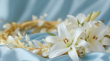 Obraz premium Golden floral wreath with white lilies, symbolizing purity and divine grace in sacred serenity.
