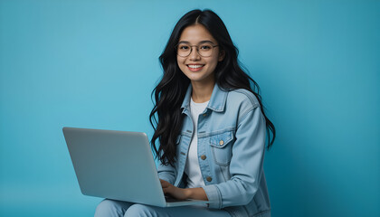 Young Woman Using Laptop on Light Blue Background with Copy Space.  Generative AI