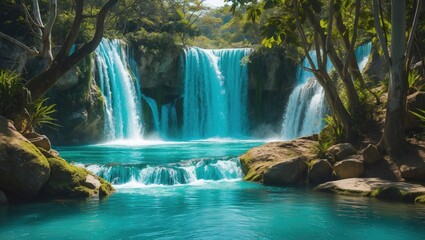 Agua azul cascades seen through trees with vibrant blue water and lush green surroundings. Nature scenery and waterfalls with forest backdrop.