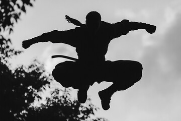 Silhouette of a masked ninja leaping through the air