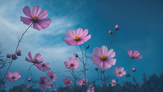 Pink Cosmos flower and blue sky with empty copy space for text