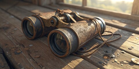 Antique Binoculars on Wooden Deck, Treasure , Vintage