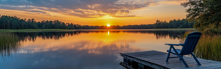 Obraz premium Chair on Wooden Dock Facing Tranquil Lake at Sunset Hour