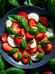 A salad of fresh strawberries and mozzarella garnished with basil leaves on a plate. A casual spring interpretation of a caprese salad.