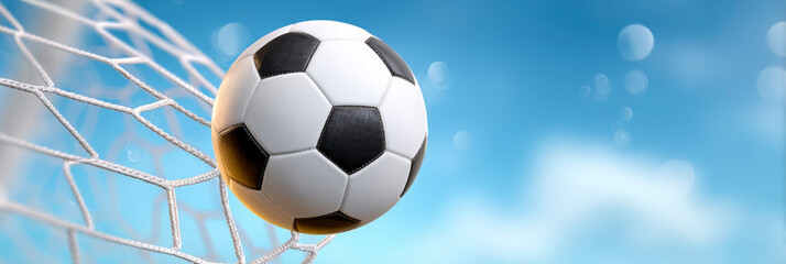 Soccer ball flies into the net against a blue sky. The ball is black and white. The net is white with a pattern.